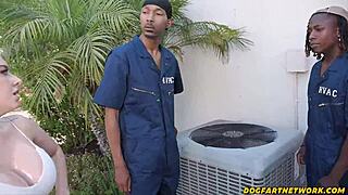 Big TITTIED Trollop Gets SPITROASTED by MASSIVE COCKED Repairmen - Dogfart