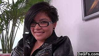 dagfs - cute brunette with glasses sneaks in a quick fingering audition on the sofa