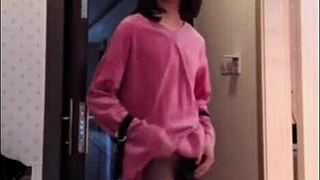 Asian ladyboy masturbating her dick, flashing it to a woman, and cumming!