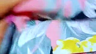 Pretty girl fingers pink pussy in office