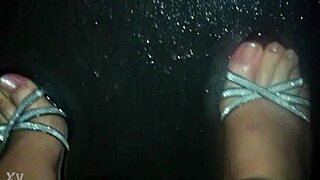 walking in the rain with sexy stilettos and nylons, getting wet and naked