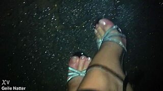walking in the rain with sexy stilettos and nylons, getting wet and naked