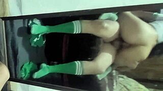 Teen students fuck hard in front of mirror, almost caught.