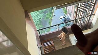 Horny Katty West masturbates on balcony as pervert watches 😈