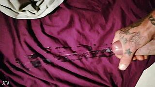 Watch this amateur guy wanking his huge big cock until he delivers another massive cumshot all over himself