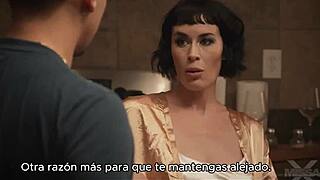 Passionate brunette in stockings contrasts with the Spanish sub she enjoys fucking.