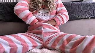 Skinny teen in pajamas fingers hairy wet pussy close up, squirting orgasm