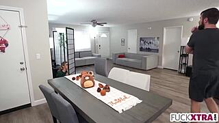 petite blonde catches tall stepbrother jerking off and joins in