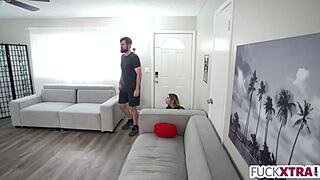 petite blonde catches tall stepbrother jerking off and joins in