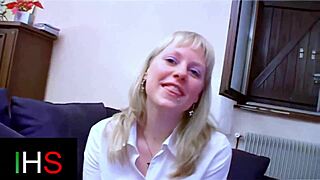 blonde milf with light eyes gets her ass fucked, cumshot lands on belly