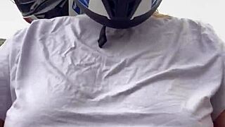 Hey, that motogirl asks for nipple rubs while riding, he gets hard and cums