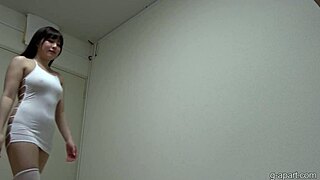 Japanese girl with natural tits changes from mini dress and thong to micro bikini