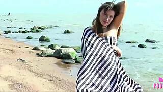 tanned brat juliette strips off at the beach