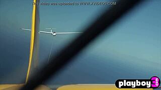 this blonde babe with perfect big tits flies naked in lesbian outdoor fun