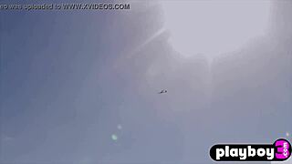 this blonde babe with perfect big tits flies naked in lesbian outdoor fun