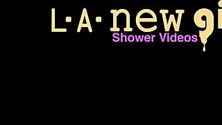 Brunette fashion model takes a relaxing shower