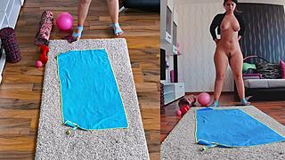 Curvy MILF Spreading Ass in Naked Yoga Workout. Dual Cam Uncovered