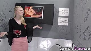 Blonde Teen Sucks Big Black Cock Through Gloryhole, Receiving Cum in Mouth