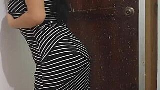 sexy stepmother does a sexy dance and shows her buttocks before going to a wedding, flashing like an exhibitionist