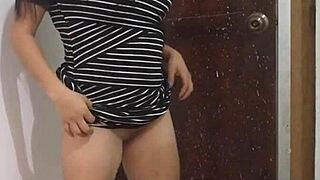 sexy stepmother does a sexy dance and shows her buttocks before going to a wedding, flashing like an exhibitionist