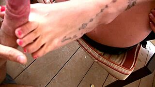 Horny girlfriend gives intense footjob in short skirt