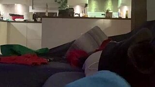 adore masturbates wildly flashing her monster cock in the living room