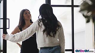 Petite Brunette Asians Finger Hairy Pussies in Passionate Lesbian Licking Session