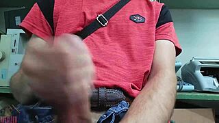 Skinny young babe strokes monster cock at desk in homemade masturbation frenzy!