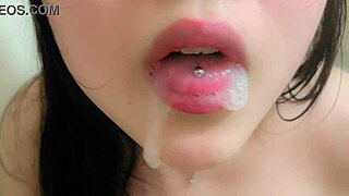 Pierced Tongue Rimjob Bath Cum from Blowjob Loving Amateur Teen