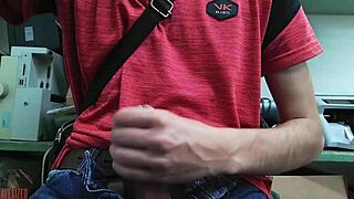 Skinny young babe strokes monster cock at desk in homemade masturbation frenzy!