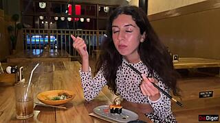 skinny teen swallows my cum facial at sushi bar then eats rolls covered in it public cumwalk