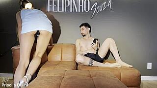 Skinny tattooed Brazilian teen squirts juicy pussy with primo before tia interrupts the wet fun