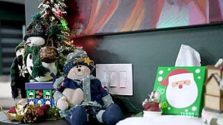 Petite blonde milf cory chase with big tits takes monster cock anal doggystyle under christmas tree from stepson luke longly on sofa