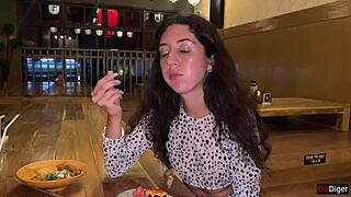 skinny teen swallows my cum facial at sushi bar then eats rolls covered in it public cumwalk