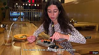 skinny teen swallows my cum facial at sushi bar then eats rolls covered in it public cumwalk