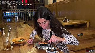 skinny teen swallows my cum facial at sushi bar then eats rolls covered in it public cumwalk