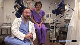 Humiliated pierced Latina Jackie Banes moans in latex police leggings