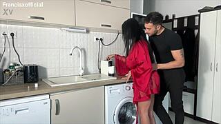 Exhausted Husband Returns Home to Wife's Quick Lingerie Pussy Lick and Titty Drain