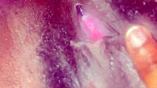 pretty black ebony shows off bushy hairy beaver up close