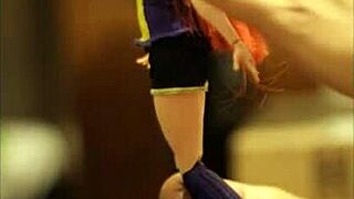 batgirl doll tied tight for blowbang bukkake cum shower all over her!