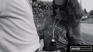 Petite teen becky slurps massive black cock outdoors in public