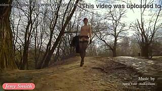 Jeny Smith flashes stockings garter belt heels outdoors with spanking