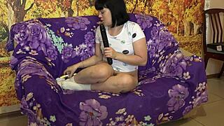 sucking rubber cock before slamming dildo deep in hairy anal juicy milf solo in socks