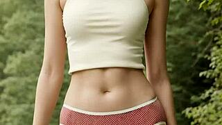 standing in underwear on forest bridge