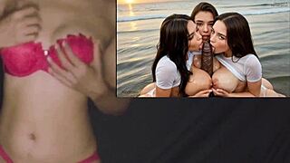 Petite Asian at beach party rips clothes for best friends' monster BBC triple blowjob frenzy